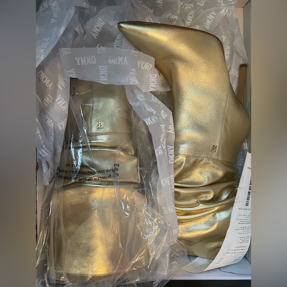 DKNY Maliza Leather Gold Slouch Pointed Toe Mid Boots - Picture 3 of 6